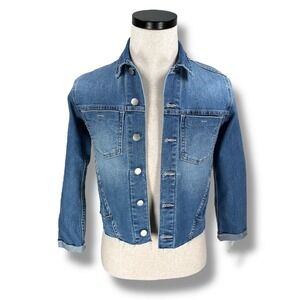 L'Agence Janelle Denim Jacket Women's XS Alamo Blue Wash Raw Cut Button New